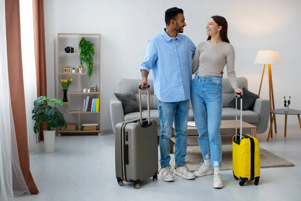 Lua de mel barata: Imagem de casal chegando em casa de passeio.